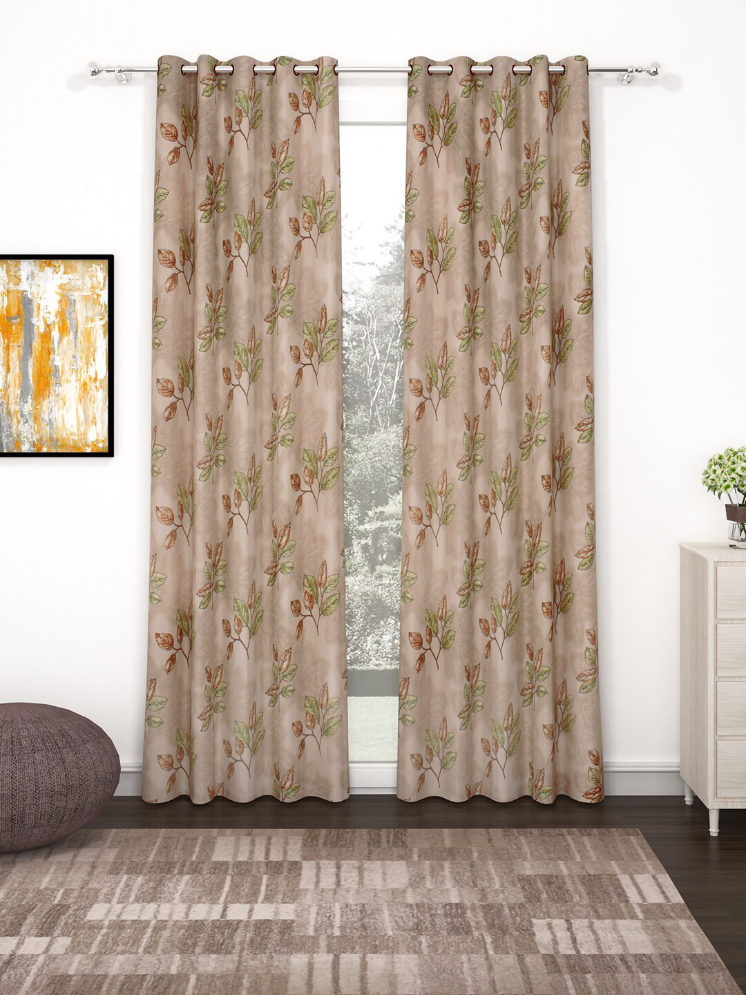 Bedspun Raga Brown & Green 2 Pieces Floral Door Curtains