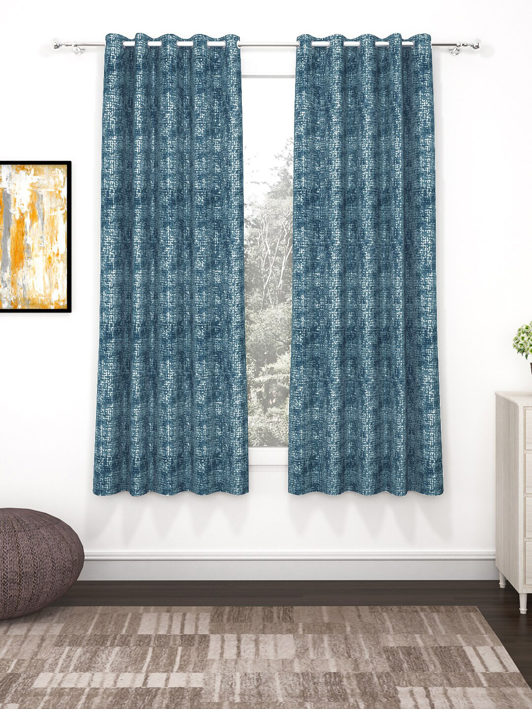 Bedspun Raga Blue & White 2 Pieces Printed Window Curtains