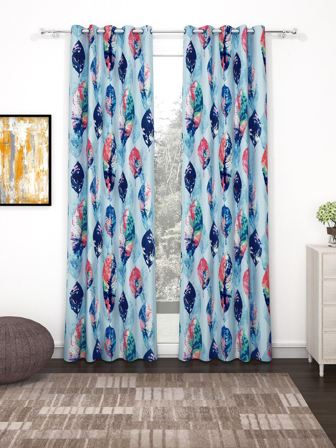 Bedspun Raga Blue & Pink 2 Pieces Printed Door Curtains