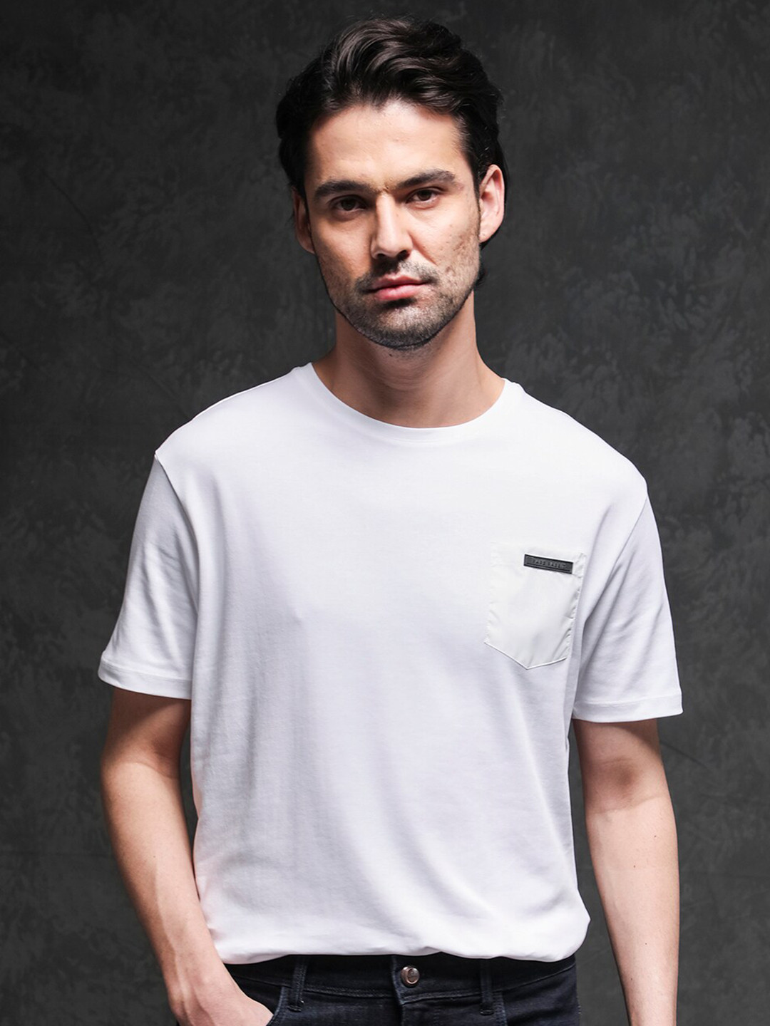 RARE RABBIT Men Azul Round Neck Cotton Slim Fit T-Shirt