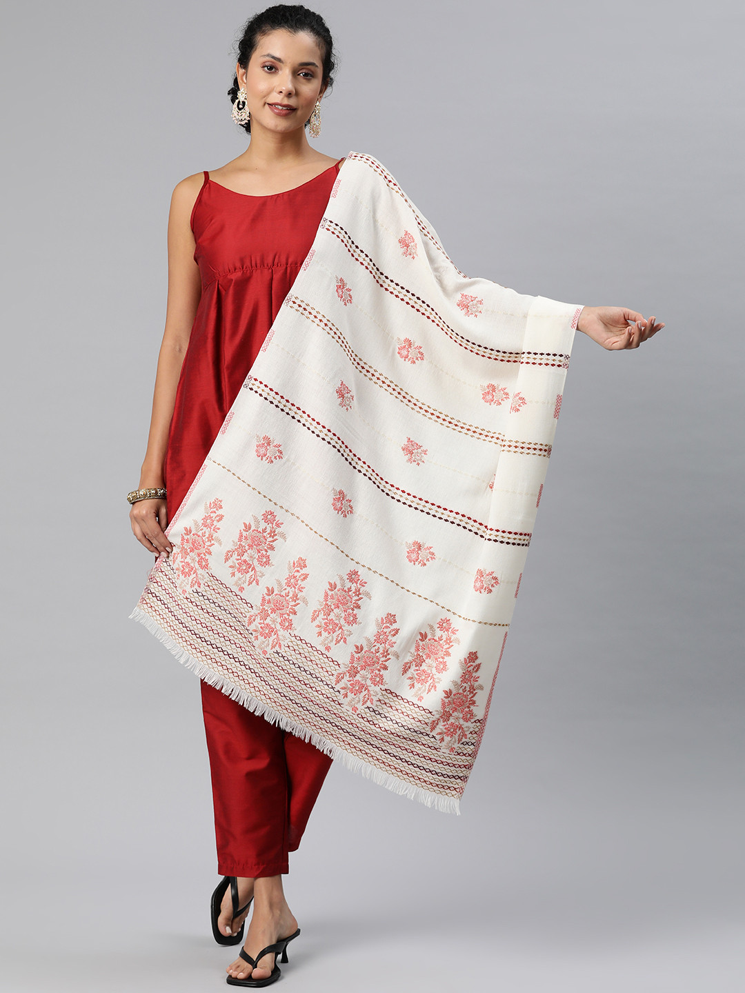 HK colours of fashion Women Winter Ethnic Floral Woven Design Pashmina Stole