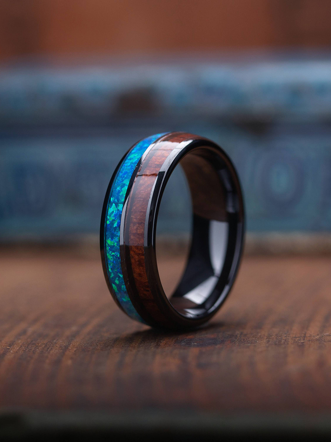 VIEN Unisex Tungsten Inlaid Opal Hawaiian Koa Wood High Polished Finger Ring