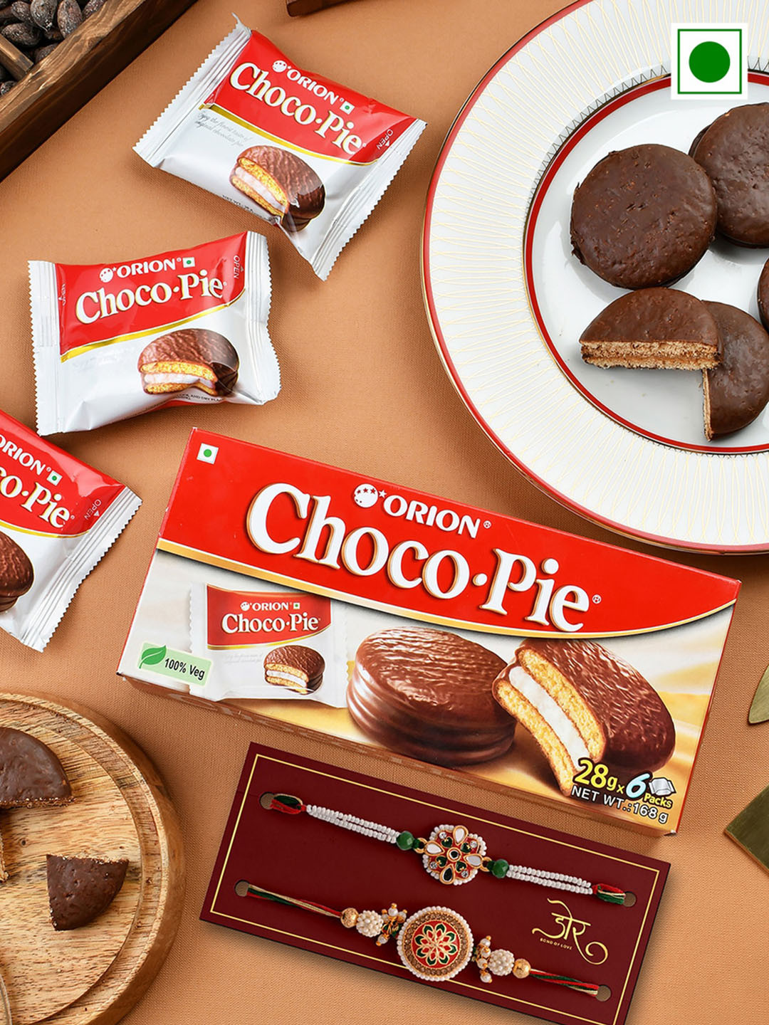 Hyperfoods Set Of 2 Beaded Rakhis With Orion Choco Pie Set