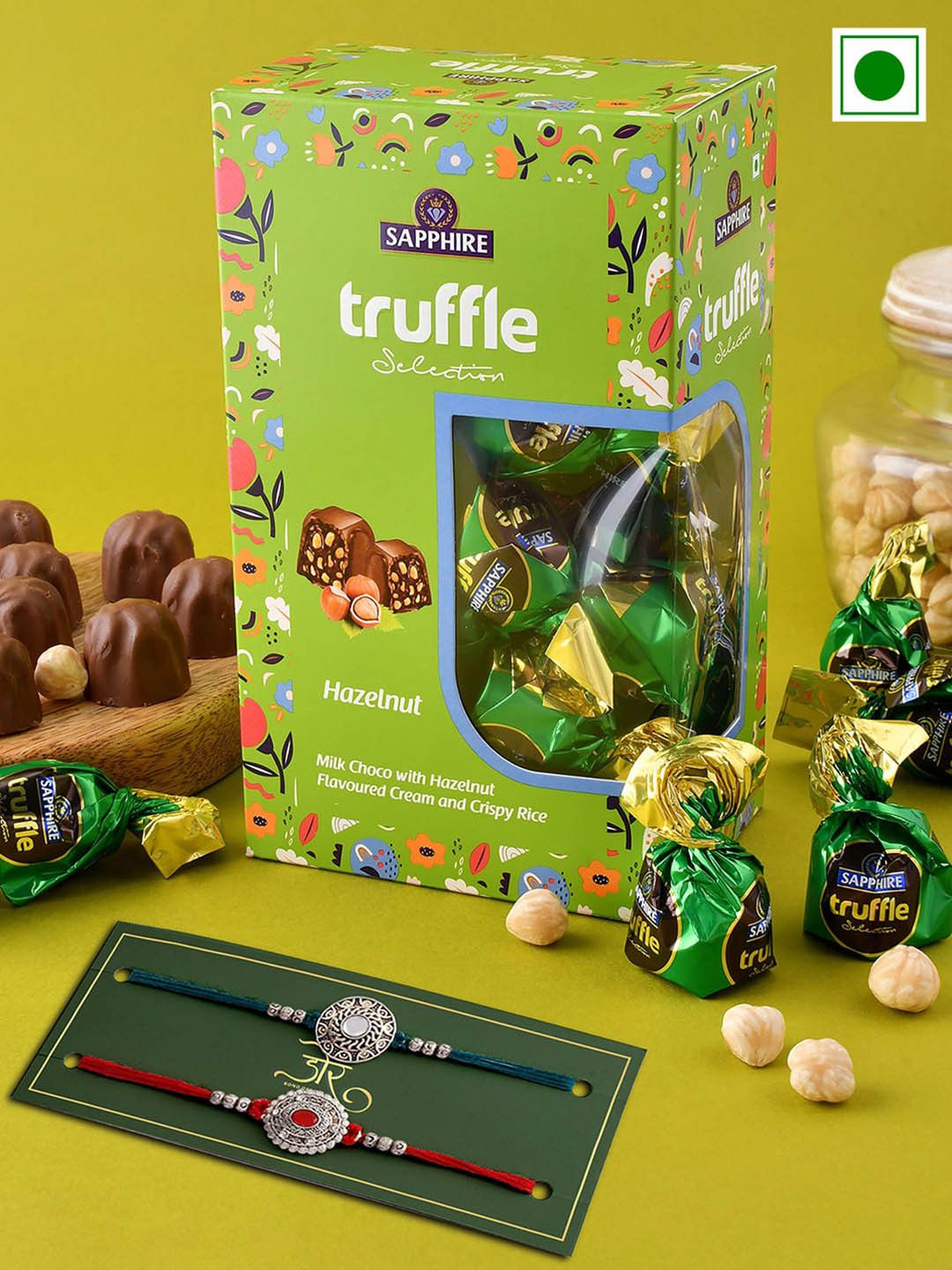 Hyperfoods Set Of 2 Beaded & Stone Studded Rakhi & Sapphire HazelNut Truffle Chocolate Set