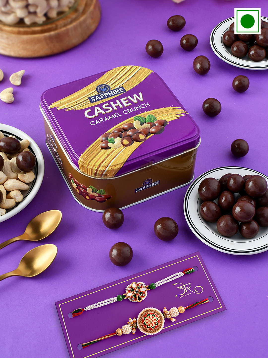 Hyperfoods Set Of 2 Stone-Studded Rakhis With Cashew Chocolate Gift Set 90g