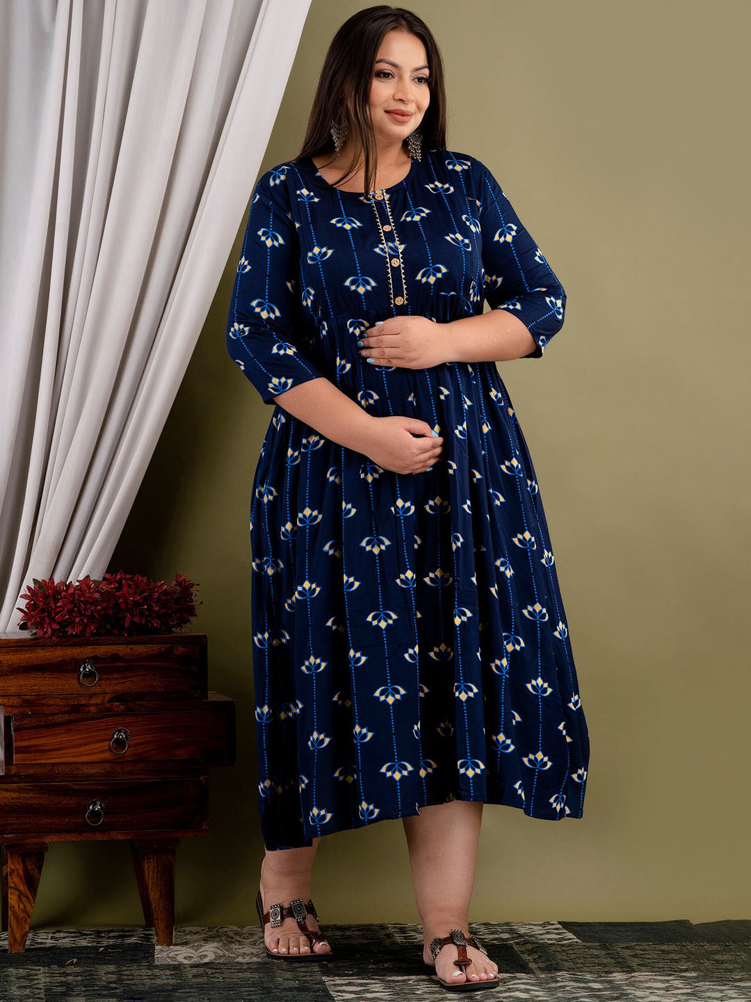 Mialo fashion Plus Size Ethnic Motifs Printed Maternity Feeding Midi Ethnic Dress