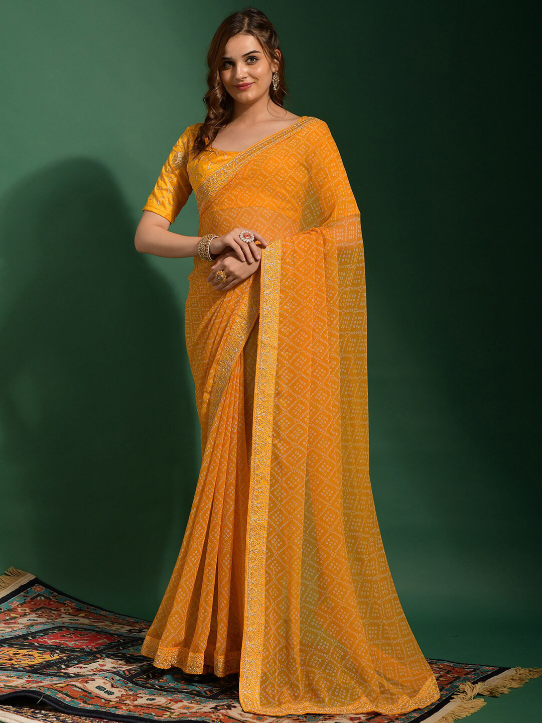 Anouk Yellow Bandhani Printed Sequinned Bandhani Saree