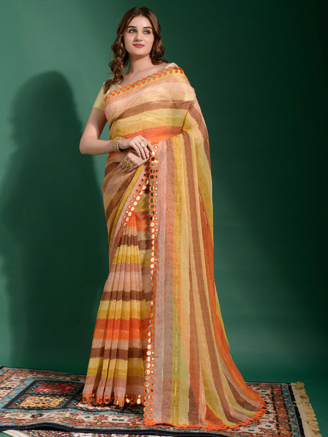 Anouk Yellow & Brown Striped Mirror Work Pure Chiffon Saree