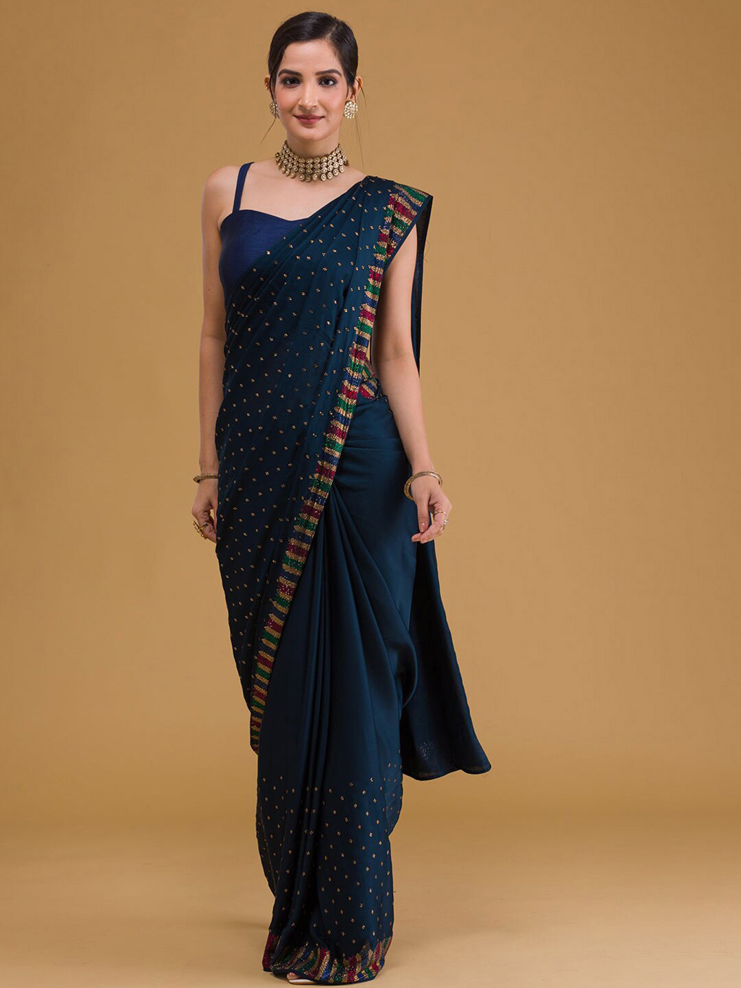 Anouk Navy Blue & Red Embellished Sequinned Pure Georgette Saree