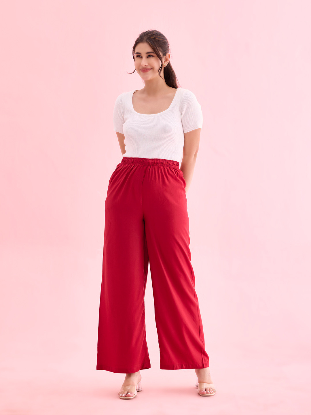 Go Colors Women Wide Leg Knitted Palazzos