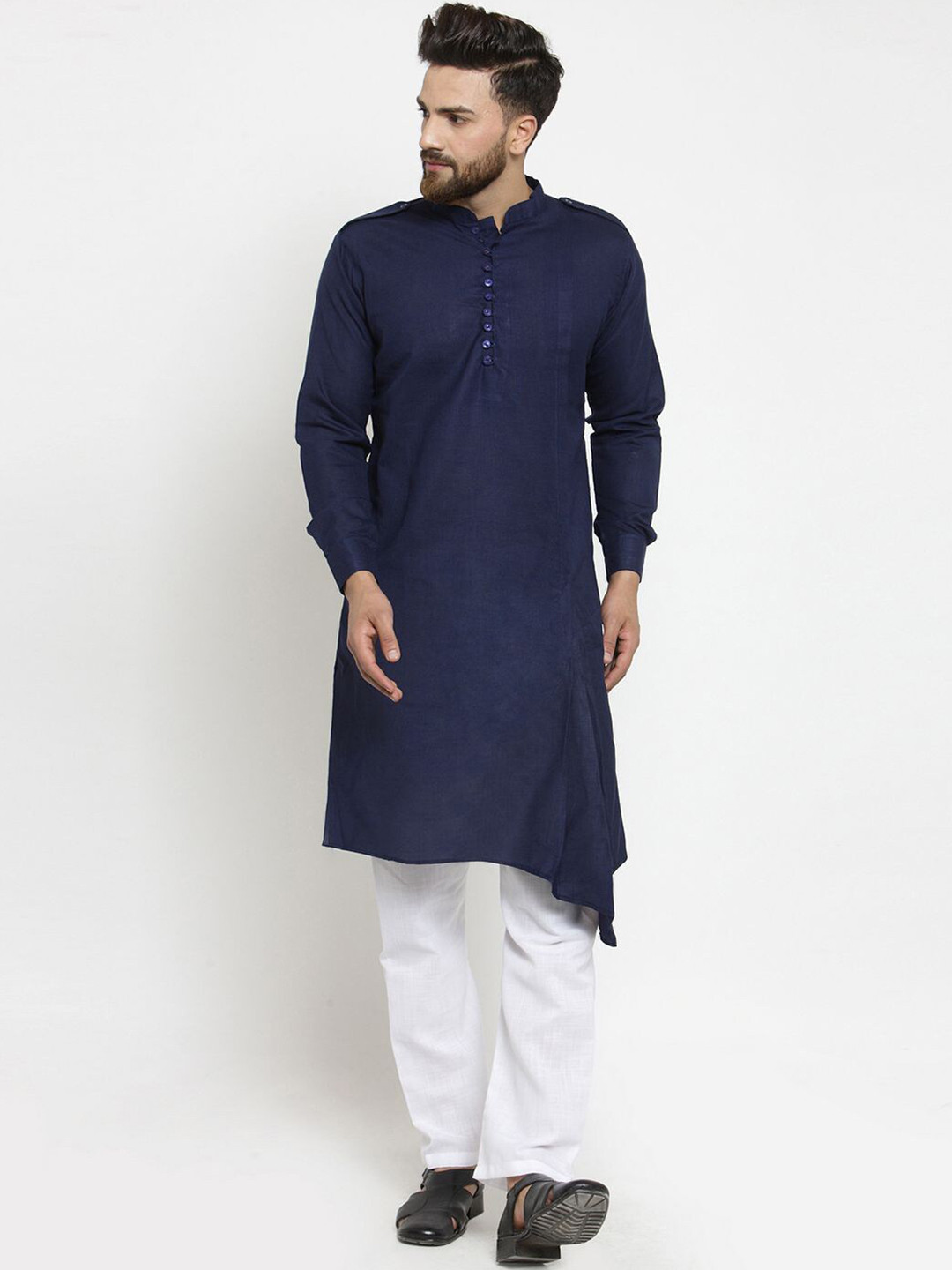 TREEMODA Mandarin Collar Long Sleeves Linen Kurta with Pyjamas