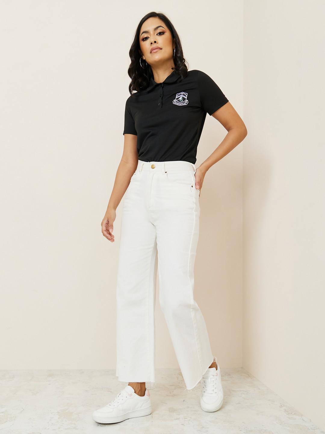 Styli Black Embroidered Detail Short Sleeves Polo Collar T-shirt