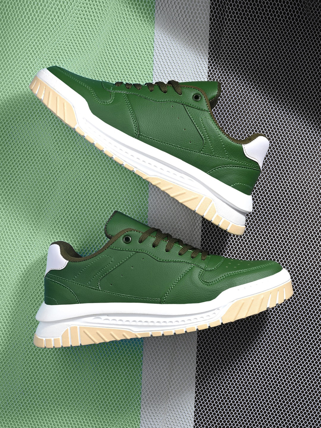 The Roadster Lifestyle Co. Men Green & White Perforated Lightweight Sneakers