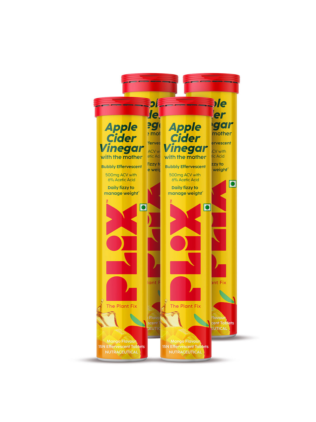 PLIX THE PLANT FIX Set of 4 Apple Cider Vinegar Effervescent Tablet -Mango - 15 Tabs Each