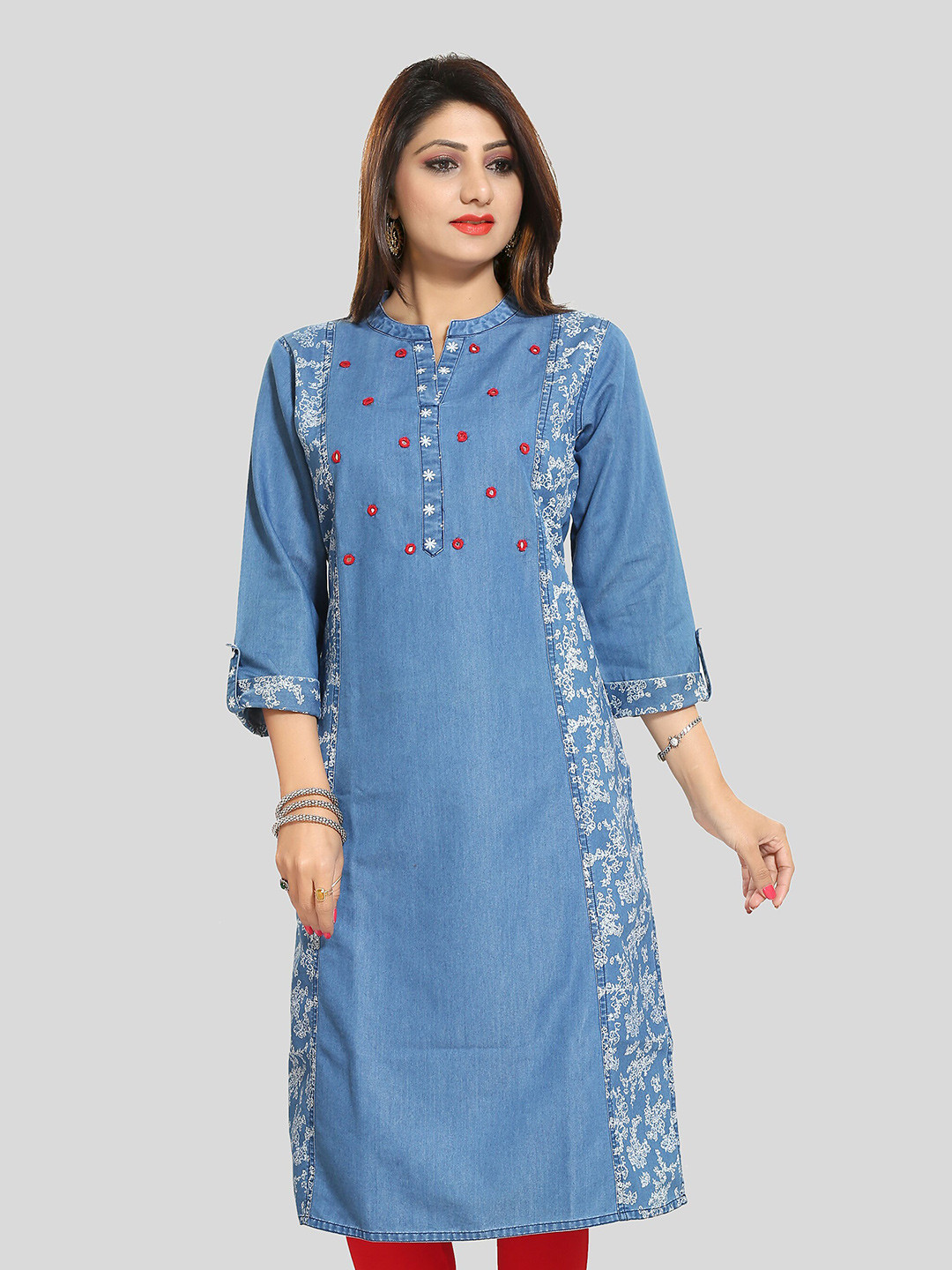 keshubaba Floral Printed Mirror Work Denim Straight Kurta