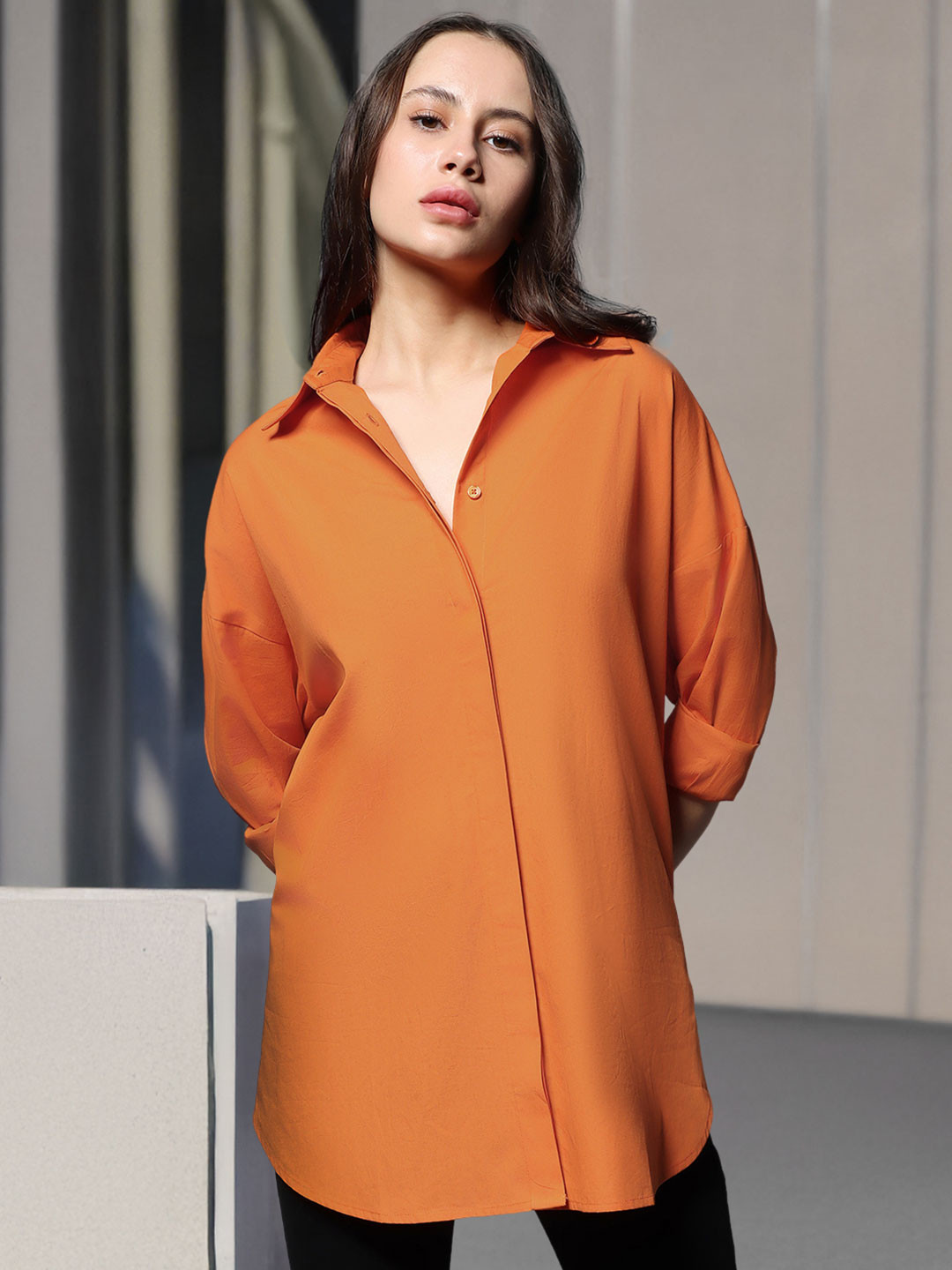 High Star Long Sleeves Solid Cotton Oversized Casual Shirt