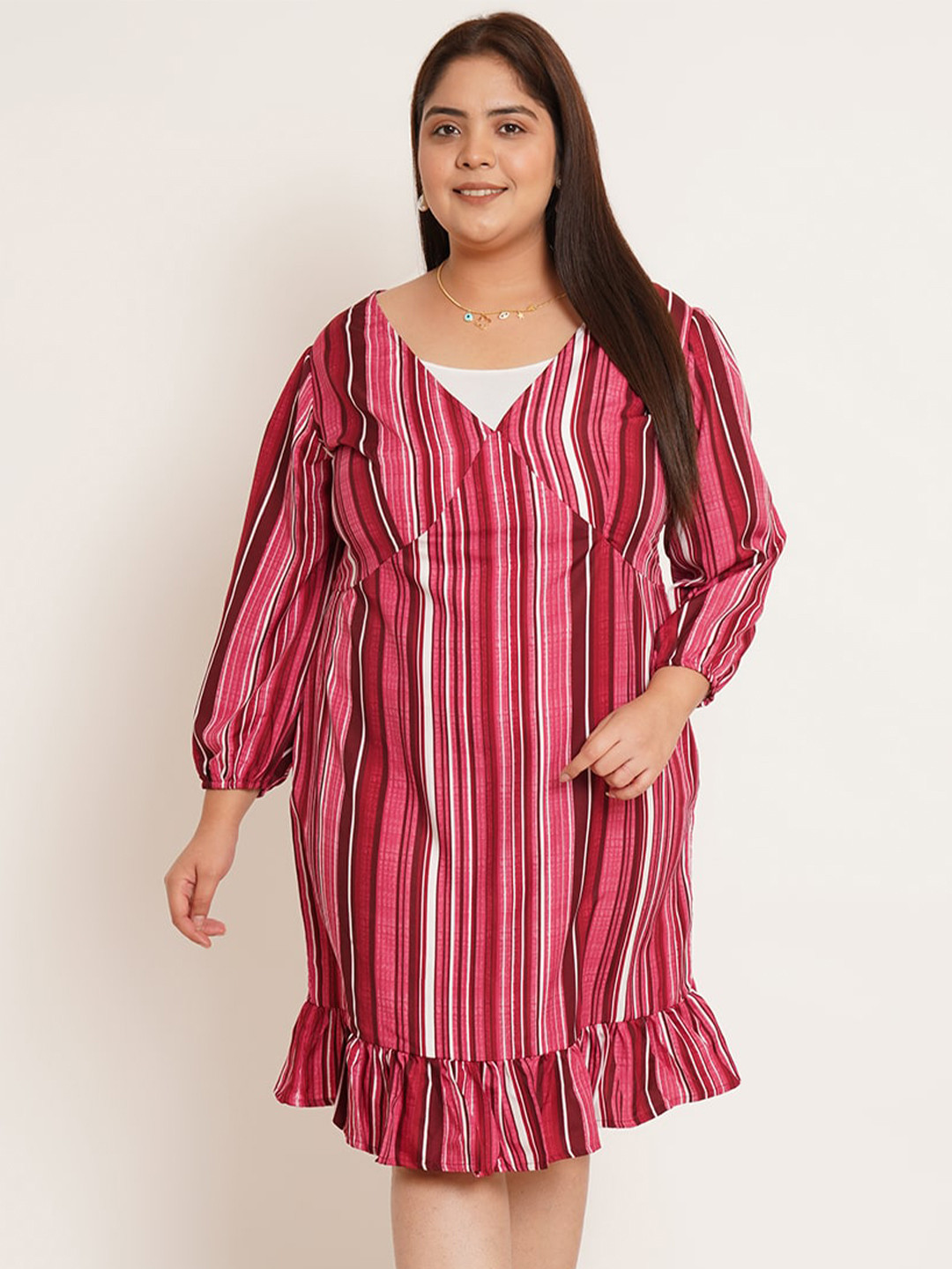 U&F Beyond Striped V-Neck Puff Sleeve Plus Size A-Line Dress