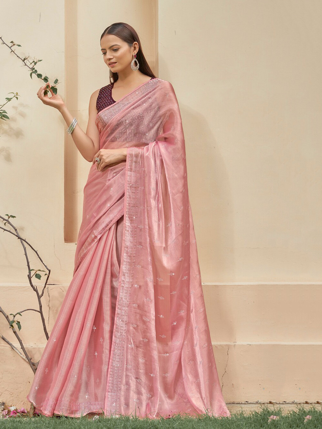 Kalista Pink Beads & Stones Embellished Saree