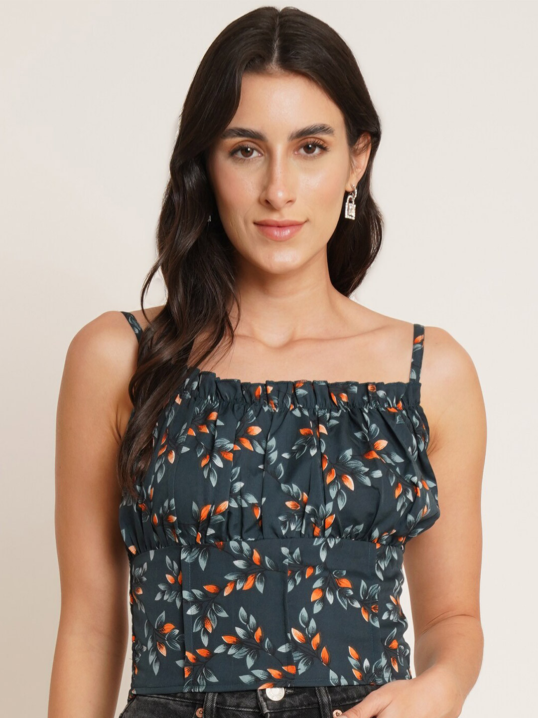 U&F Green Floral Print Shoulder Straps Crepe Top