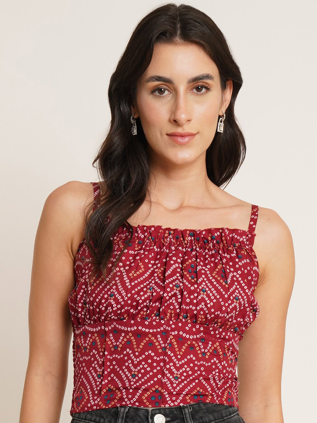 U&F Maroon & White Bandhani Printed Crepe Top
