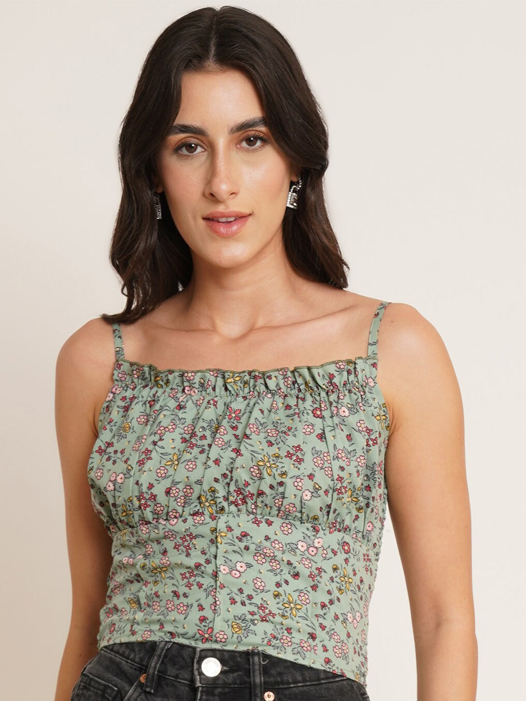 U&F Green Floral Print Shoulder Straps Crepe Top