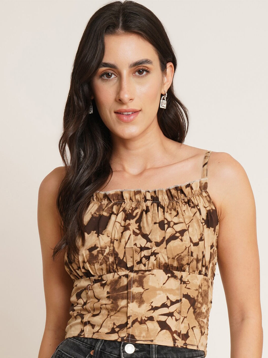 U&F Brown Floral Print Crepe Crop Top
