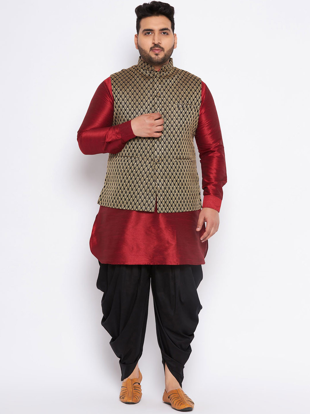 VASTRAMAY Plus Size Mandarin Collar Patani Kurta & Dhoti Pants With Nehru Jacket