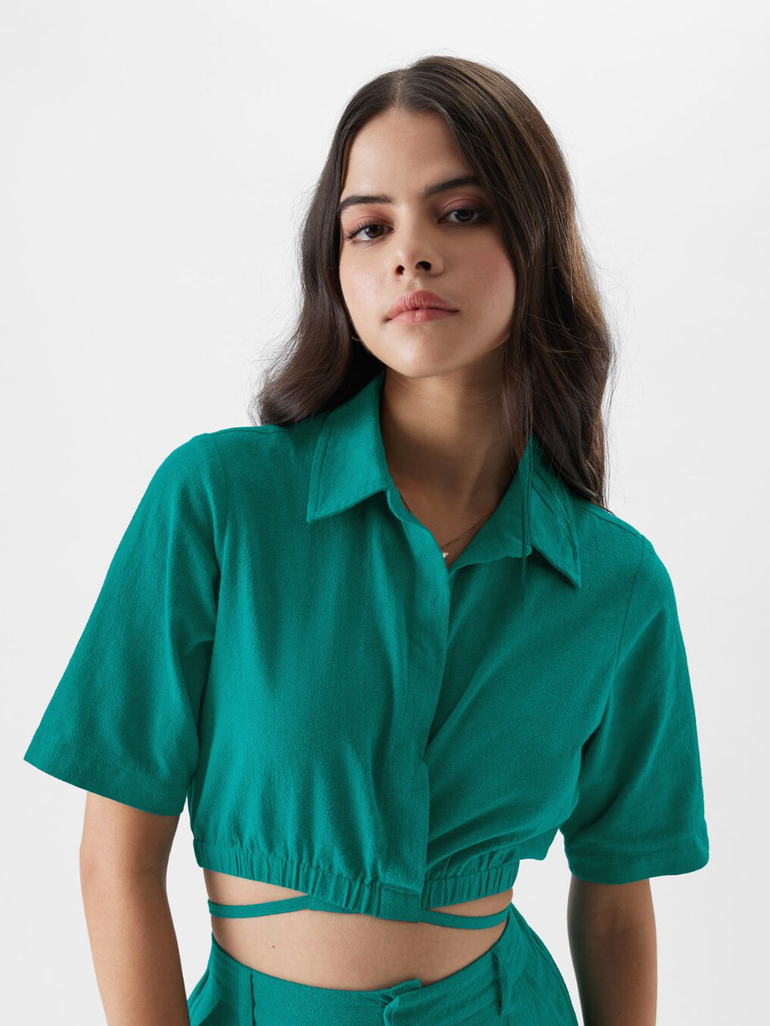 The Souled Store Teal Shirt Collar Waist-Tie Ups Pure Cotton Crop Wrap Top - Oversized