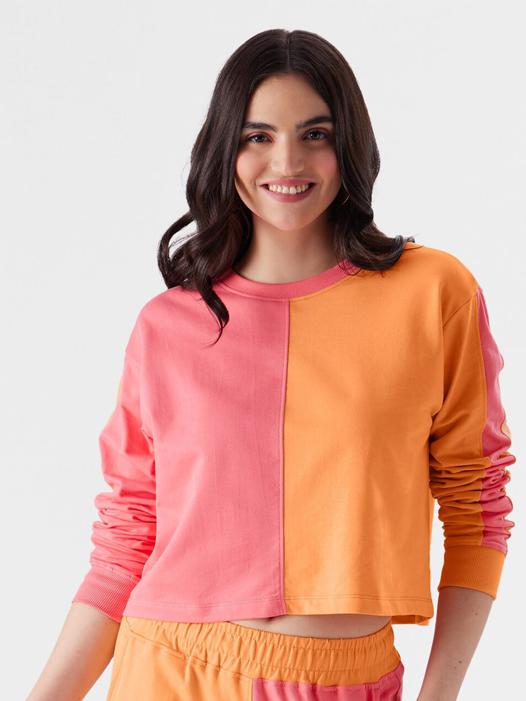 The Souled Store Green & Pink Colourblocked Drop Shoulder Sleeve Oversize Fit Crop T-shirt