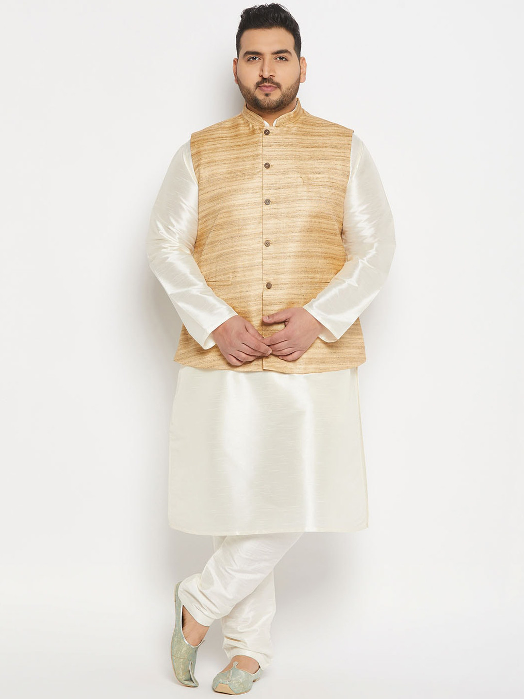 VASTRAMAY Plus Size Mandarin Collar Patani Kurta & Churidar With Nehru Jacket