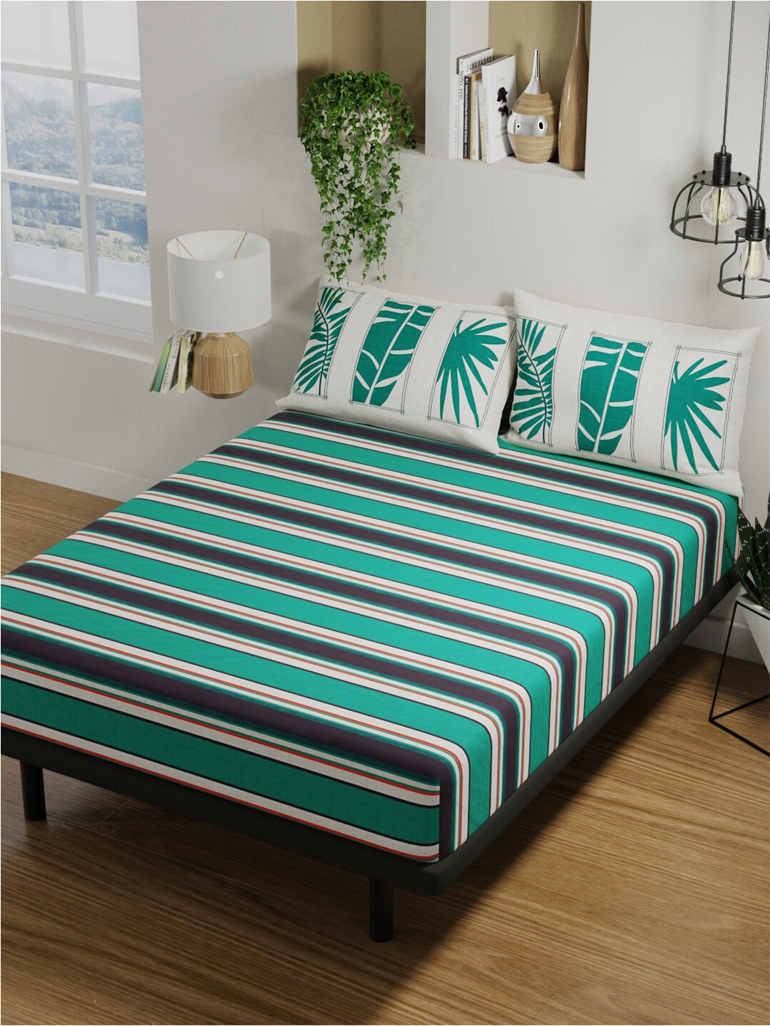 BIANCA Platinum Green Striped Pure Cotton 144 TC Queen Bedsheet with 2 Pillow Covers-90 x 100 inches
