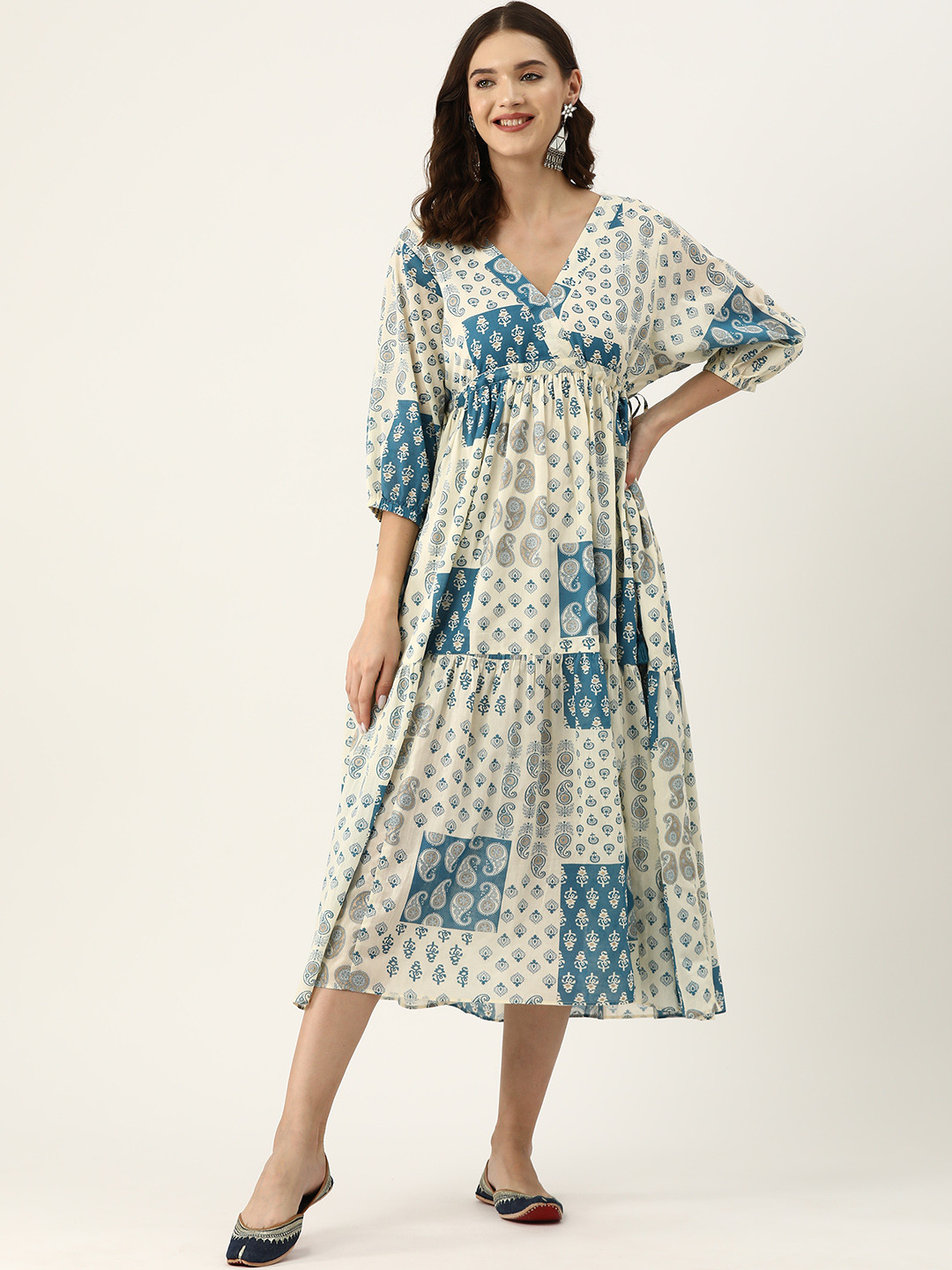 Jaipur Morni Ethnic Motifs Print Puff Sleeves Pure Cotton Midi Wrap Ethnic Dress