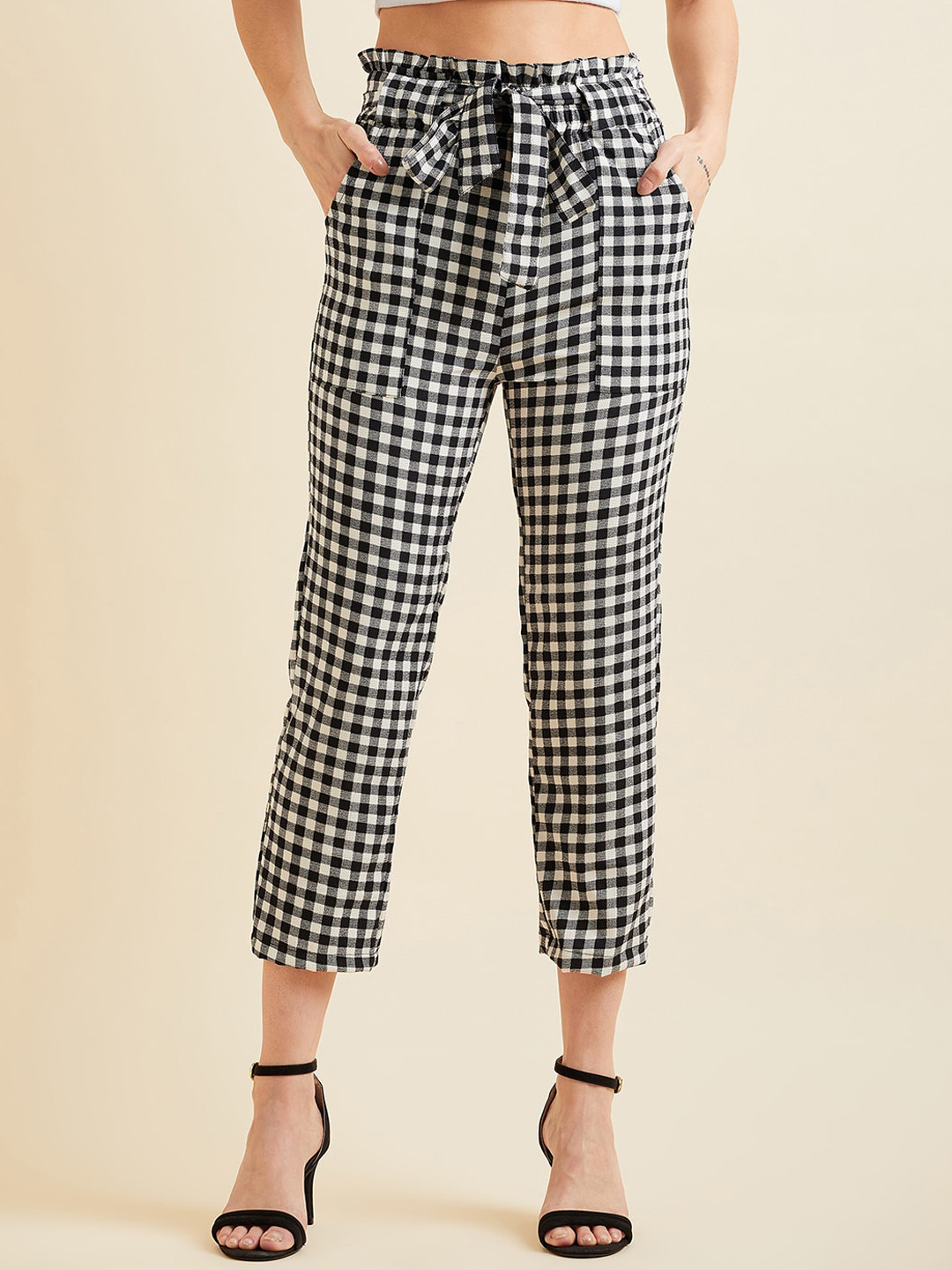 PANIT Women Black Checked Smart Straight Fit High-Rise Wrinkle Free Pleated Peg Trousers