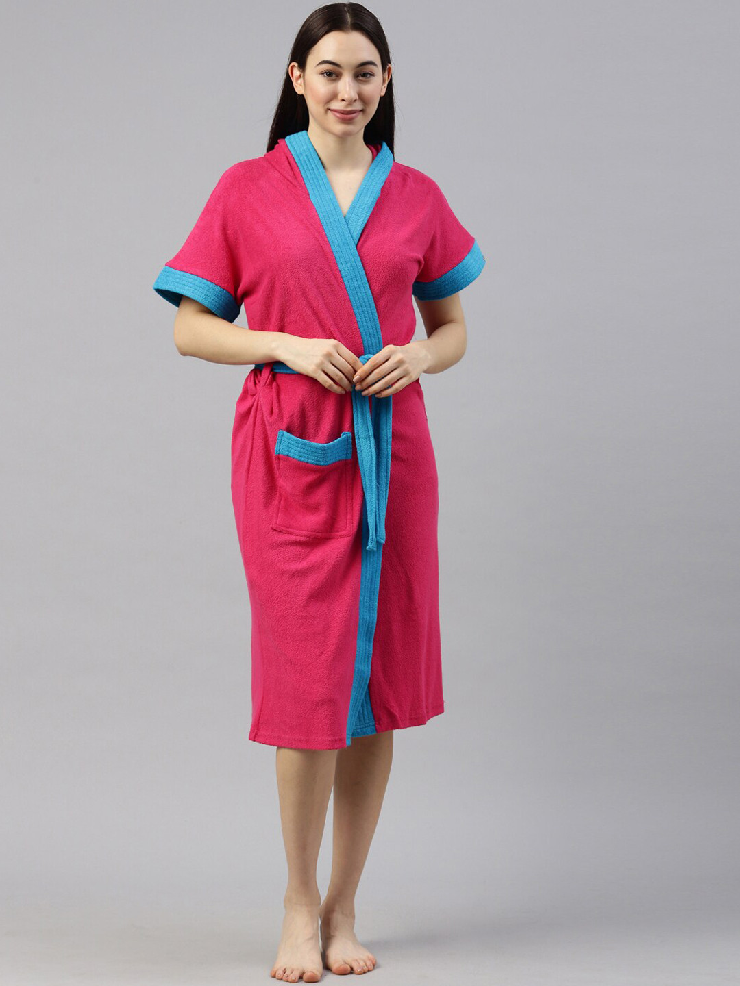 GOLDSTROMS Patti Fuchsia Solid Cotton Drawstring Knee Length Bath Robe