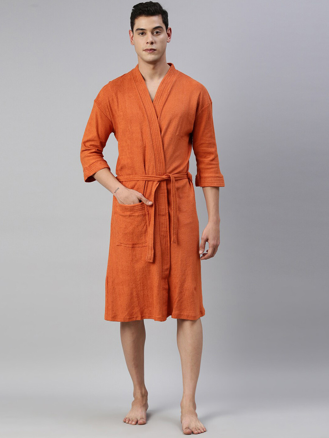 GOLDSTROMS Rust Solid Cotton Drawstring Knee Length Bath Robe-M/L