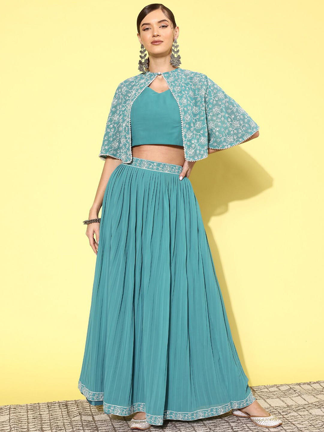 Kvsfab Shoulder Straps Top & Skirt With Embroidered Jacket