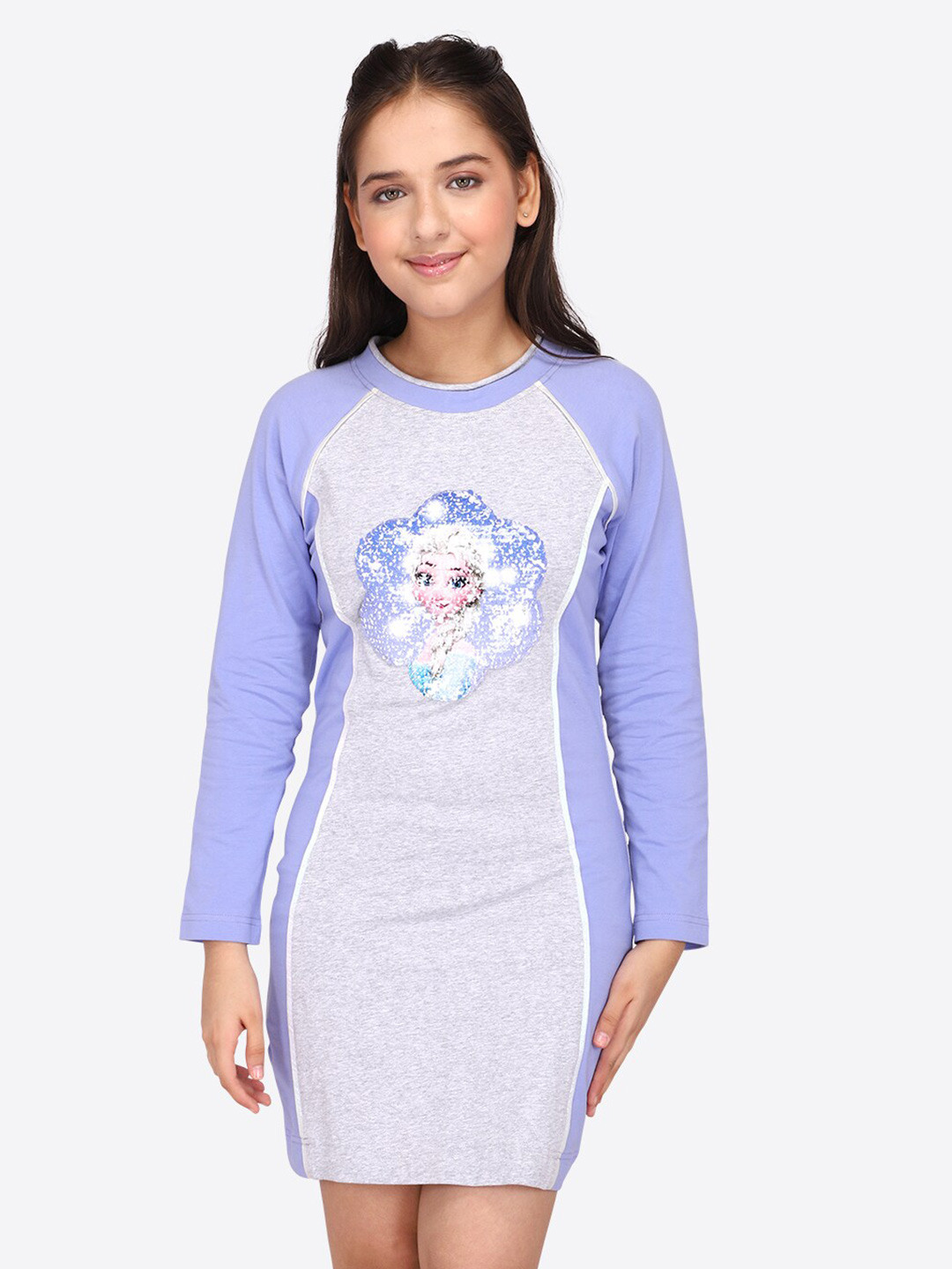 CUTECUMBER Girls Elsa Printed Embellished Raglan Sleeves T-shirt Dress