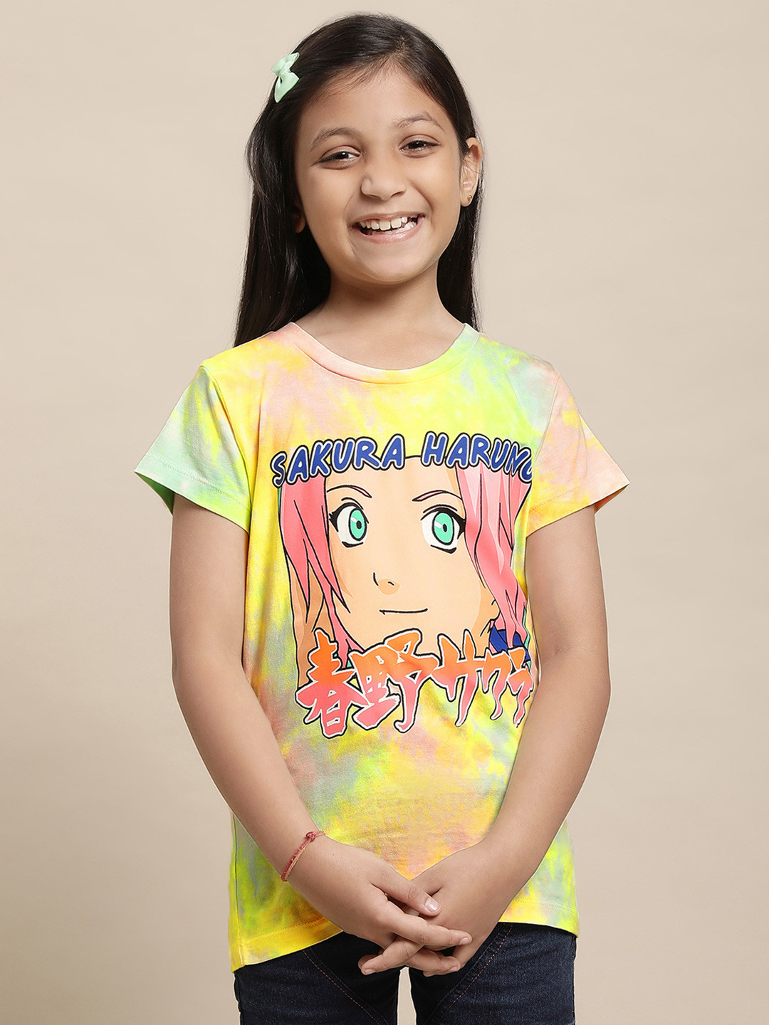 Kids Ville Girls Naruto Anime Printed Round Neck Regular Fit Pure Cotton T-Shirt