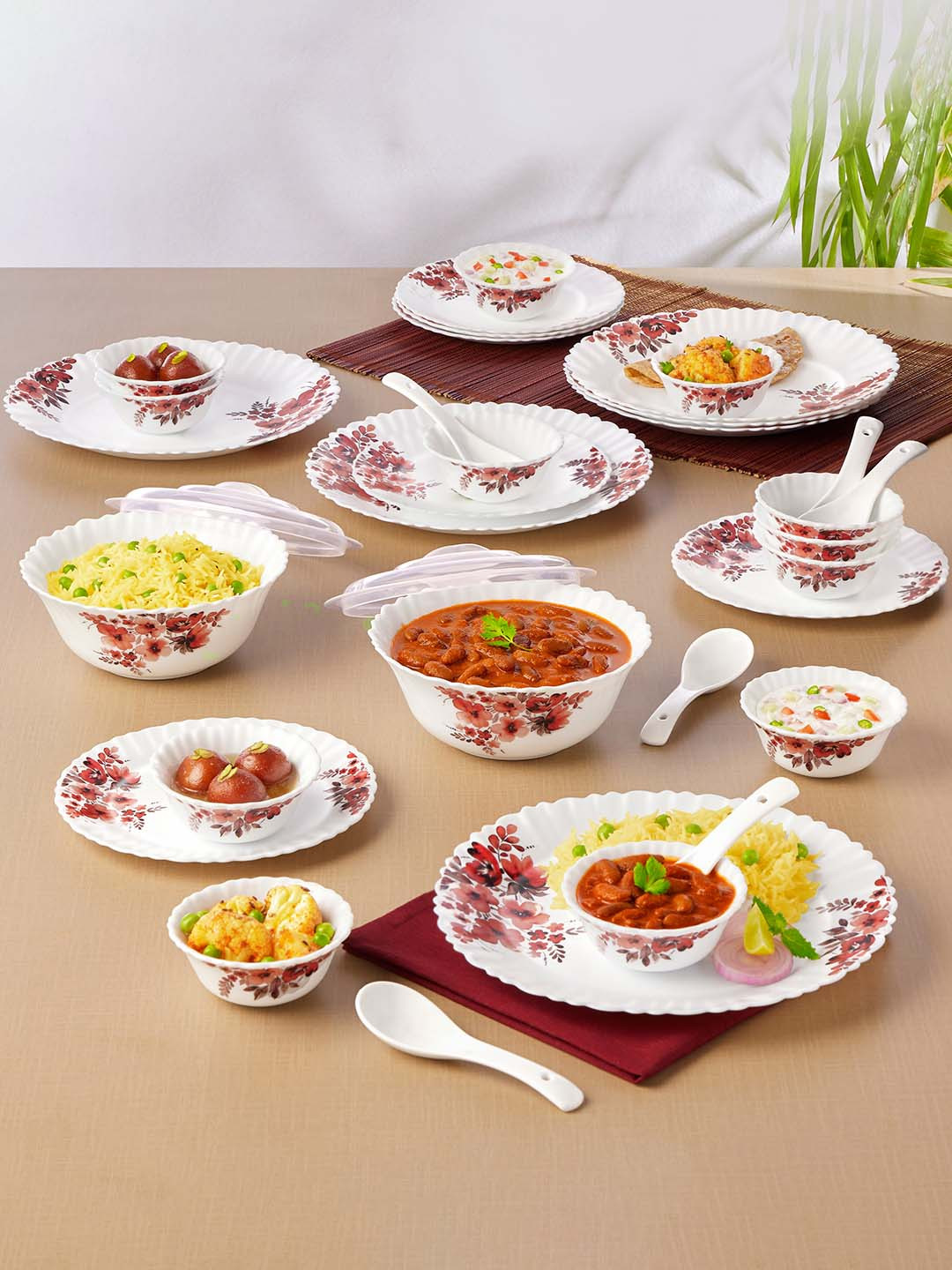 Larah by BOROSIL Galaxy White & Red 34 Pieces Printed Opalware Glossy Dinner Set