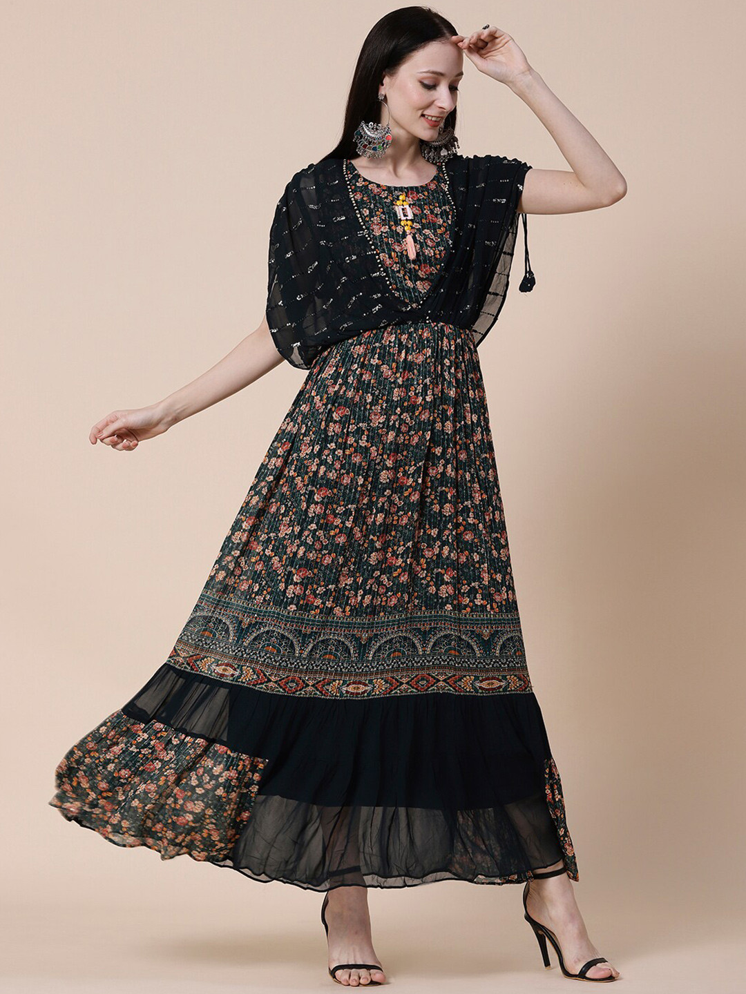 FASHOR Green Floral Printed Gathered or Pleated Fit and Flare Dress