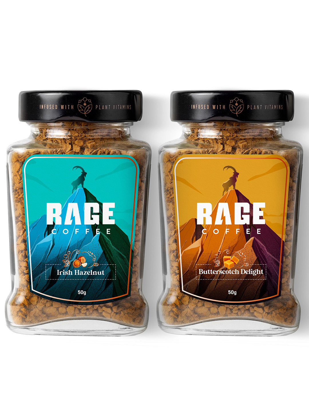 Rage Coffee Set Of 2 Butterscotch Delight & Irish Hazelnut Instant Coffee 50g Each