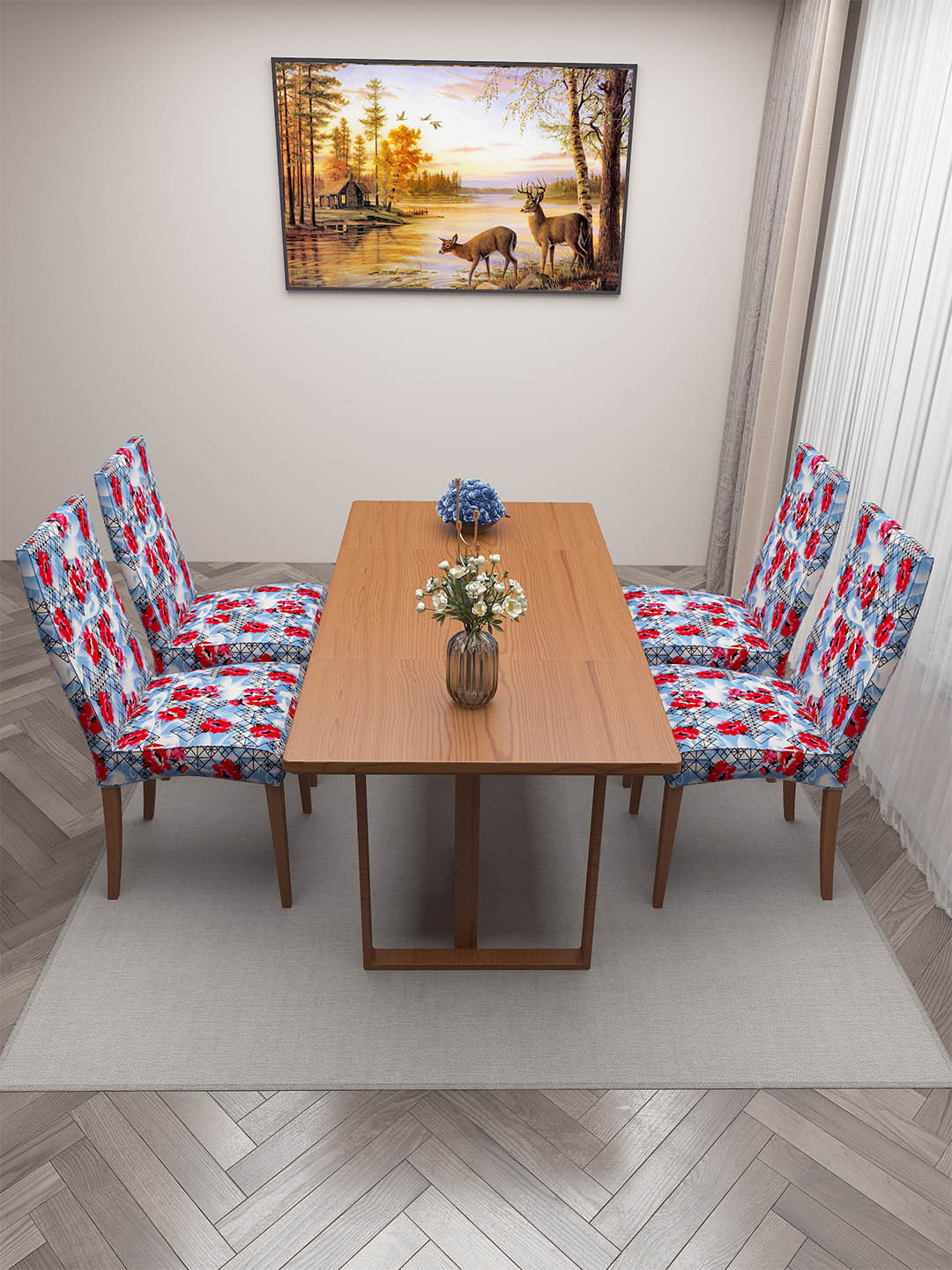 DREAM CARE White & Blue 4 Pieces Printed Chair Covers
