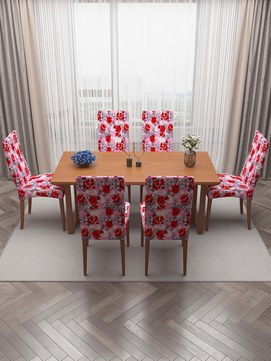 DREAM CARE Pink & Red 6 Pieces Printed Seat Square Cushion Covers