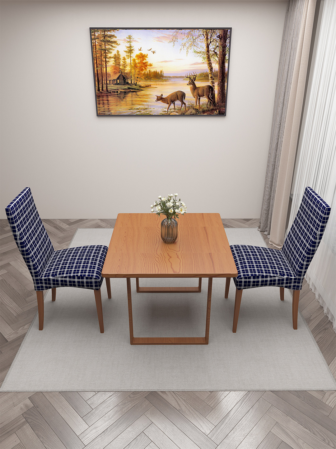 DREAM CARE Navy Blue and White 2 Pieces Printed Chair Covers