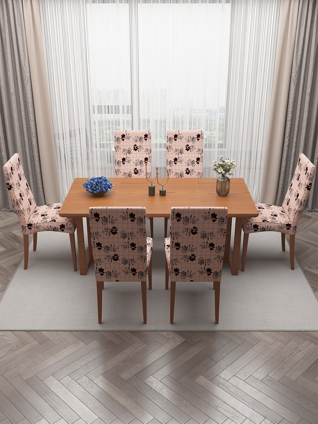 DREAM CARE Beige & Red 6 Pieces Floral-Printed Stretchable Chair Covers