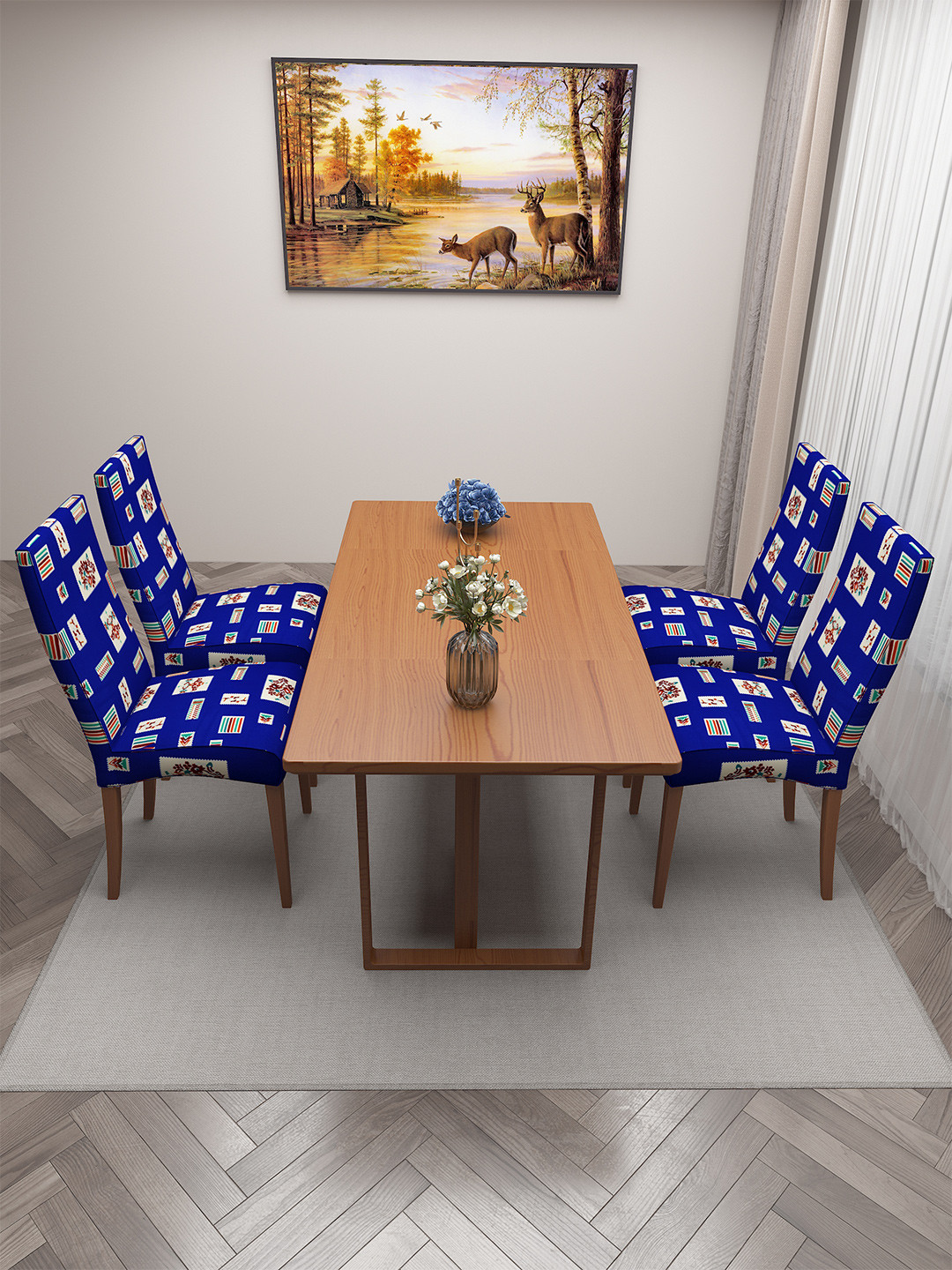 DREAM CARE Blue & White 4 Pieces Printed Stretchable Chair Covers