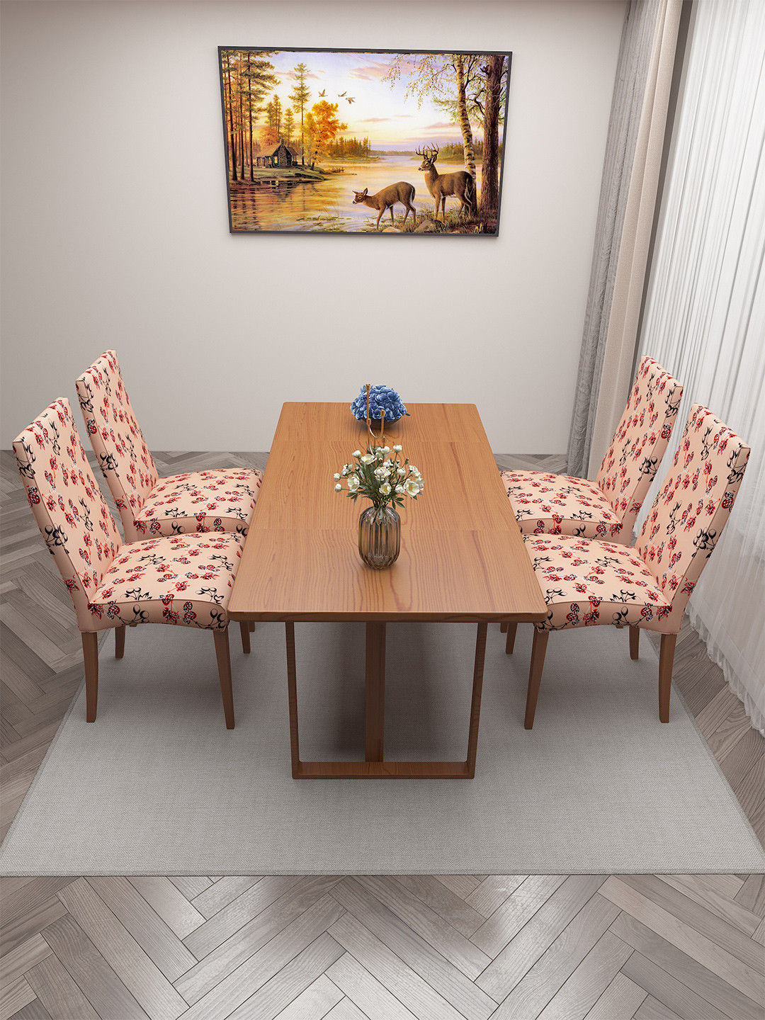 DREAM CARE Orange & Red 4 Pieces Floral-Printed Stretchable Chair Covers