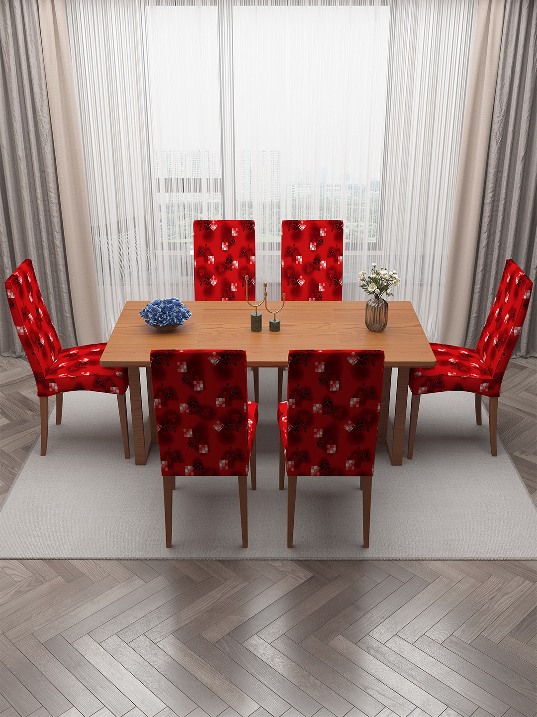 DREAM CARE Red & Black 6 Pieces Printed Stretchable Chair Covers