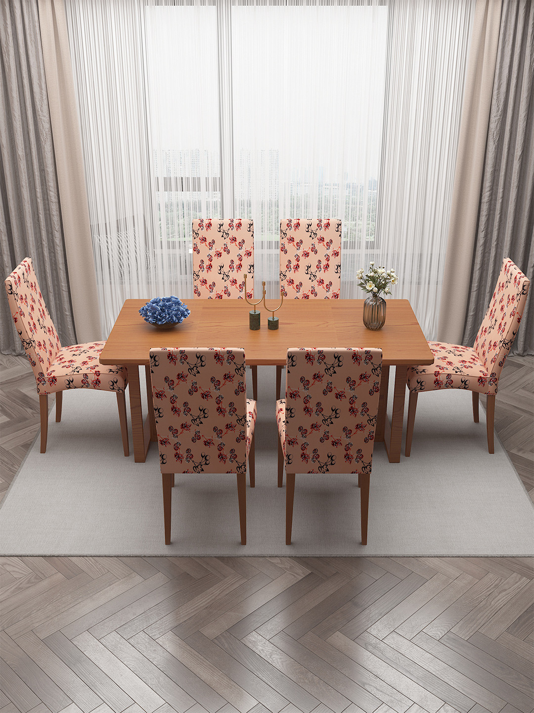 DREAM CARE Cream & Red 6 Pieces Printed Stretchable Chair Covers