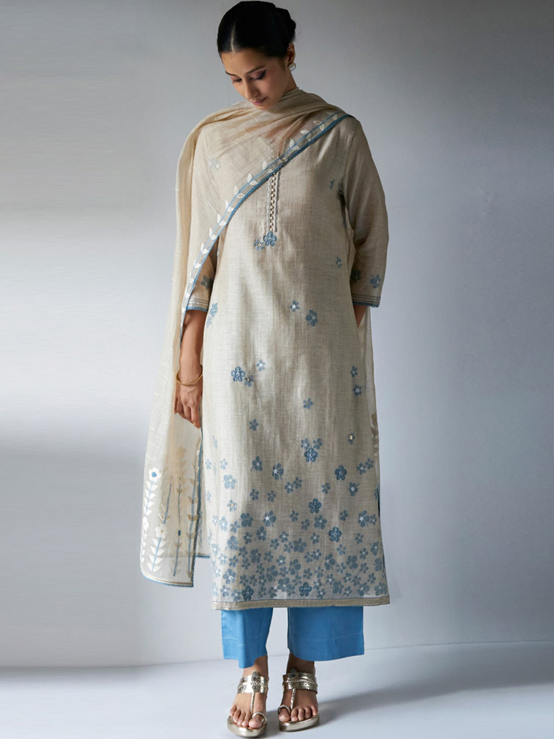 Ganga Floral Printed Thread Work Chanderi Cotton Kurta with Palazzos & Dupatta